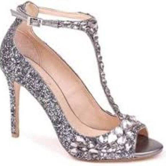 Jewel Badgley Mischka Conroy Metallic Glitter T Strap Heels Silver Size 8.5 - Picture 1 of 6